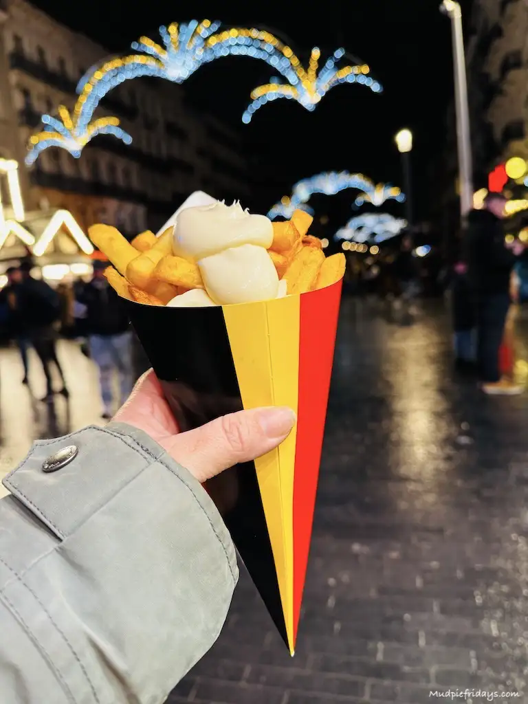 Belgium chips with mayo with christmas lights in the background