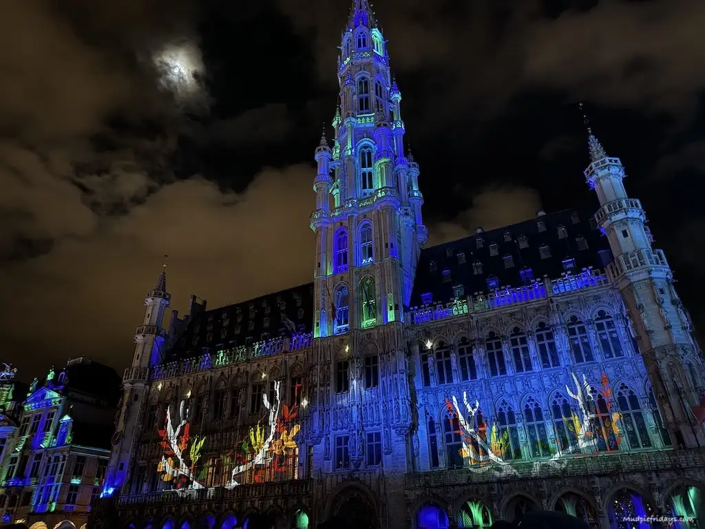 The grand place all lit up by a light show at Christmas
