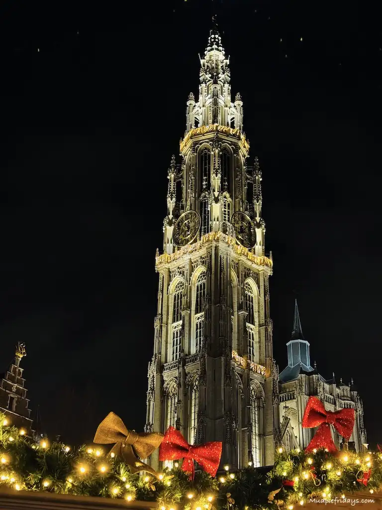 Antwerp Cathedral all lit up in the evening