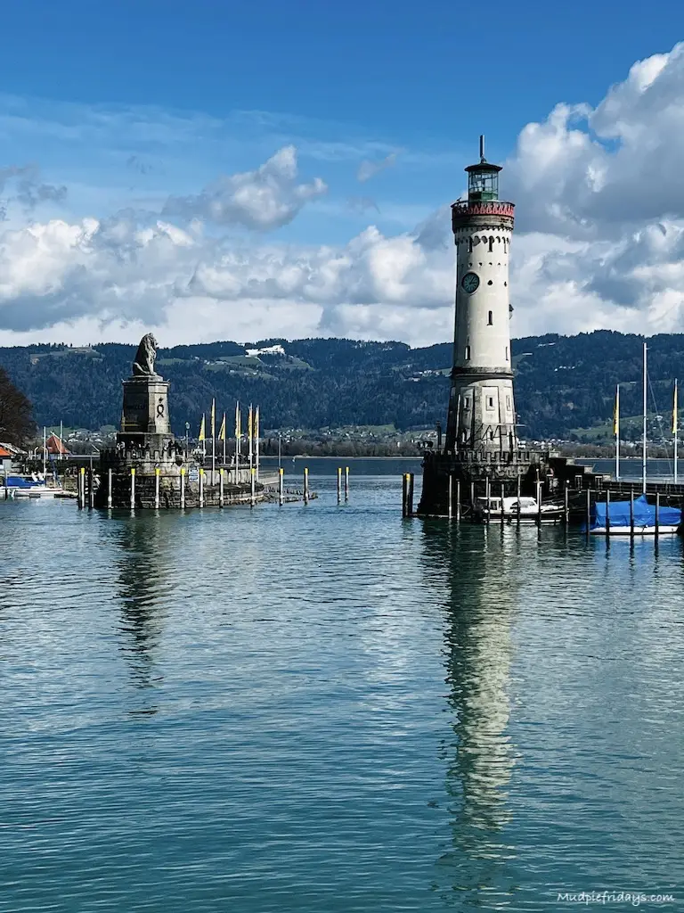 The light house and lion at the entrance of the harbour on the Island of Lindau