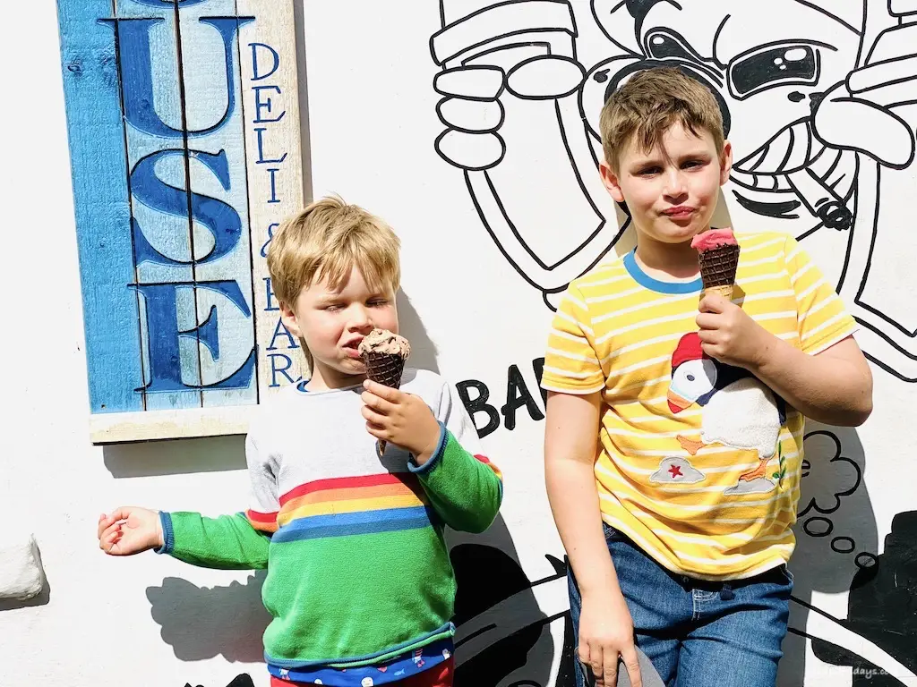 The boys enjoying some cornish ice cream in the sun