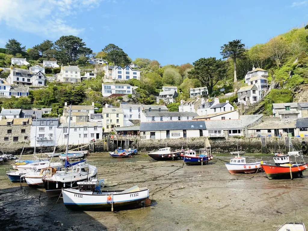 Beautiful Polperro Harbour in the sun with the tide out in Cornwall