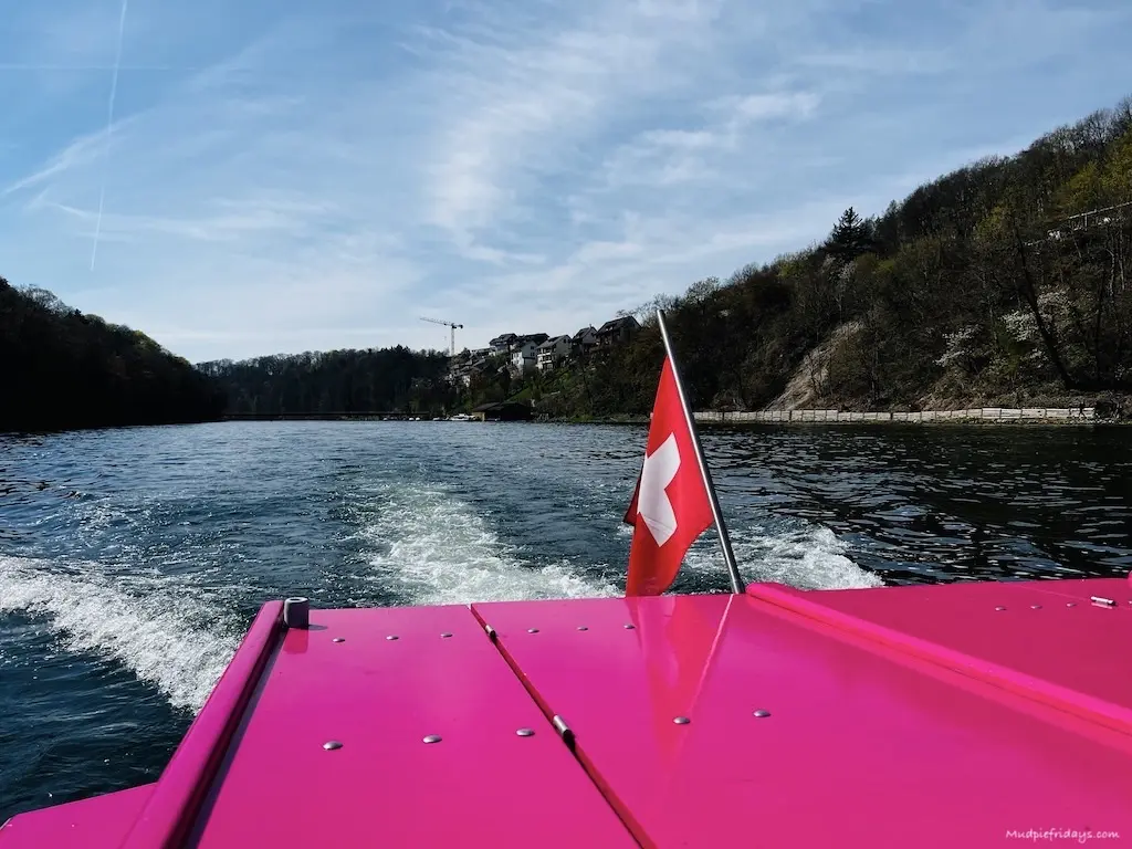 A view of the Rhine river from the boat trip with the Swiss flag
