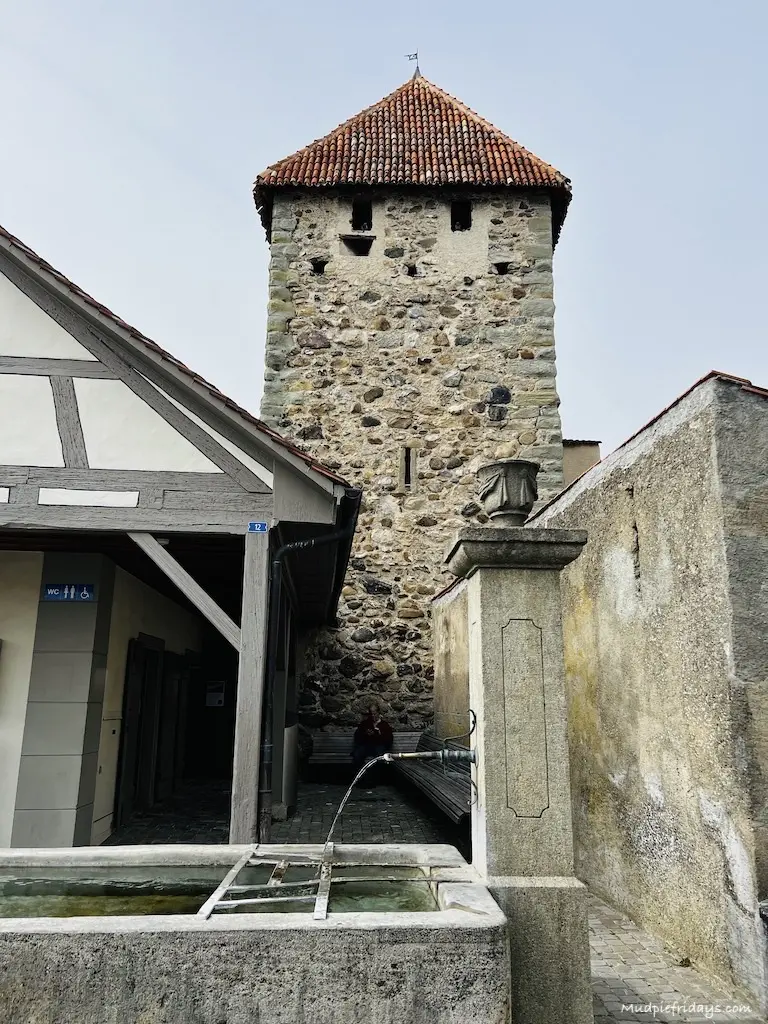 Witches' Tower or Hexenturm. Dating back to the 13th century, the Witches Tower served as a defensive structure, forming part of the town's protective walls in Stein am Rhein Switzerland