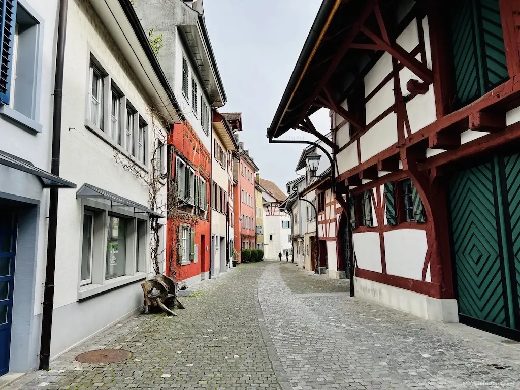 half timbered houses in a square in Switzerland
