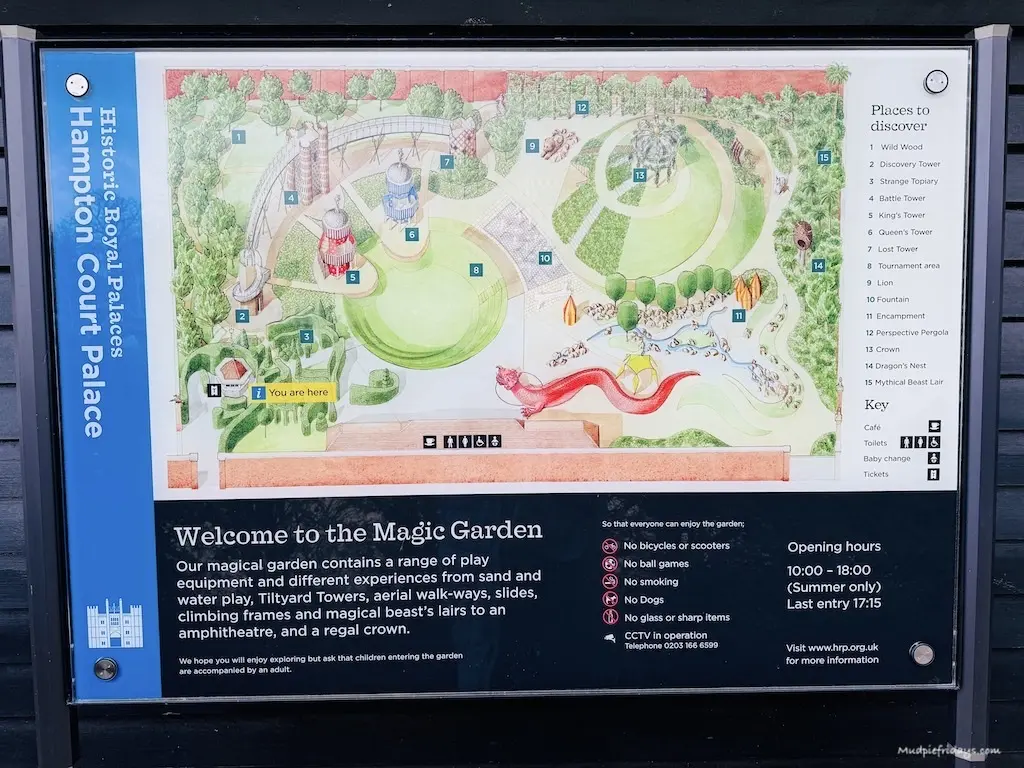 A map of Hampton Court Palace Magic Garden showing the different play areas and features within the play area