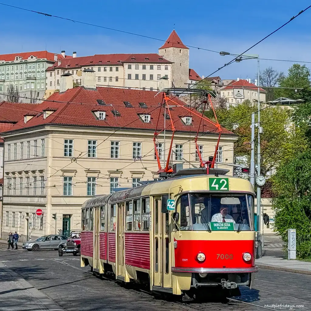 One of the old trams that run around the streets in Prague