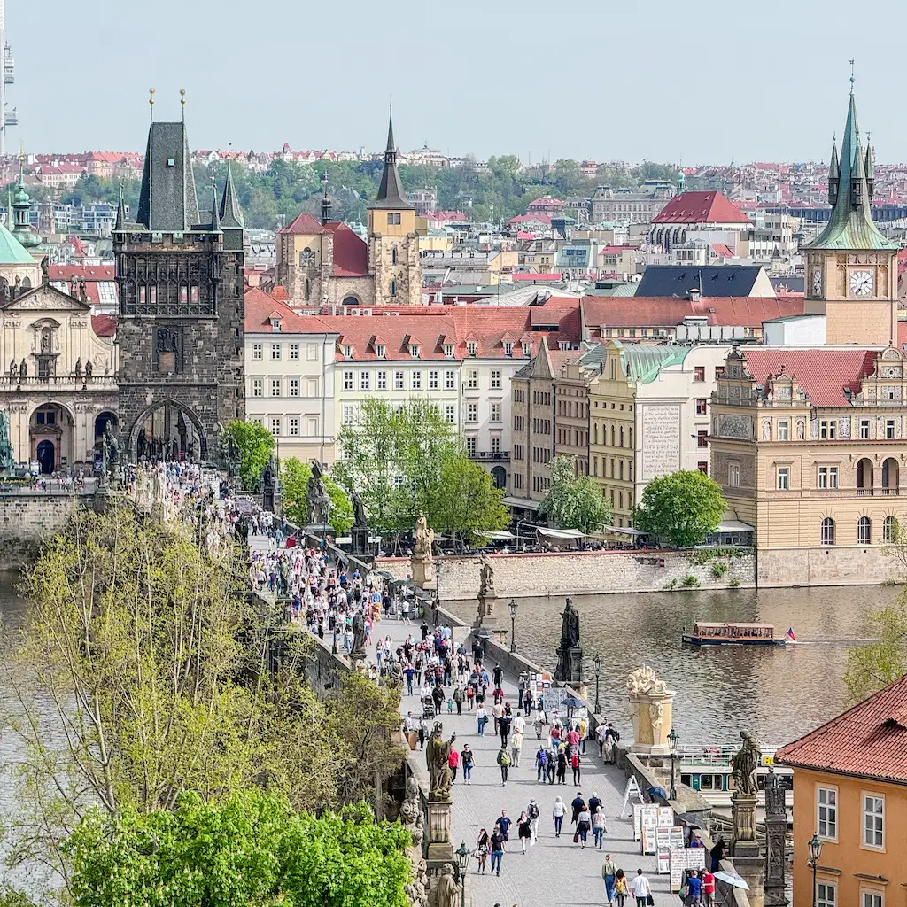 A view of Charles Bridge from the top of the Lesser Town Tower Bridge in Prague