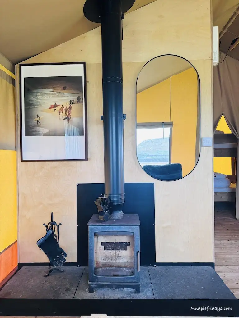 The log burner in our safari tent - camping in Bristol