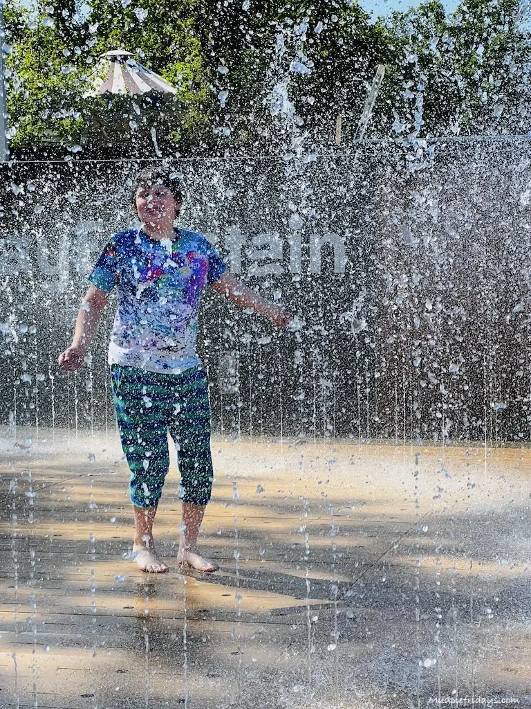 Charlie in a water fountain