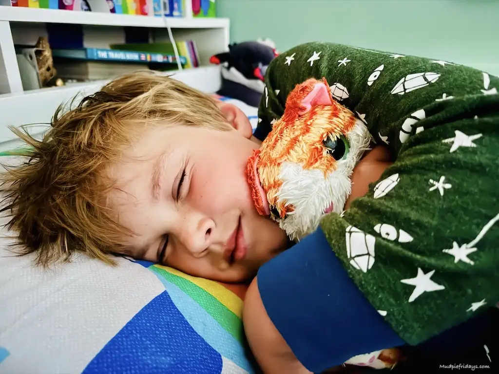 cuddling his little cuddly toy kitten