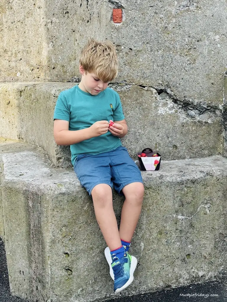 Harry eating strawberries at the end of the harbour pier at Seahouses in Northumberland